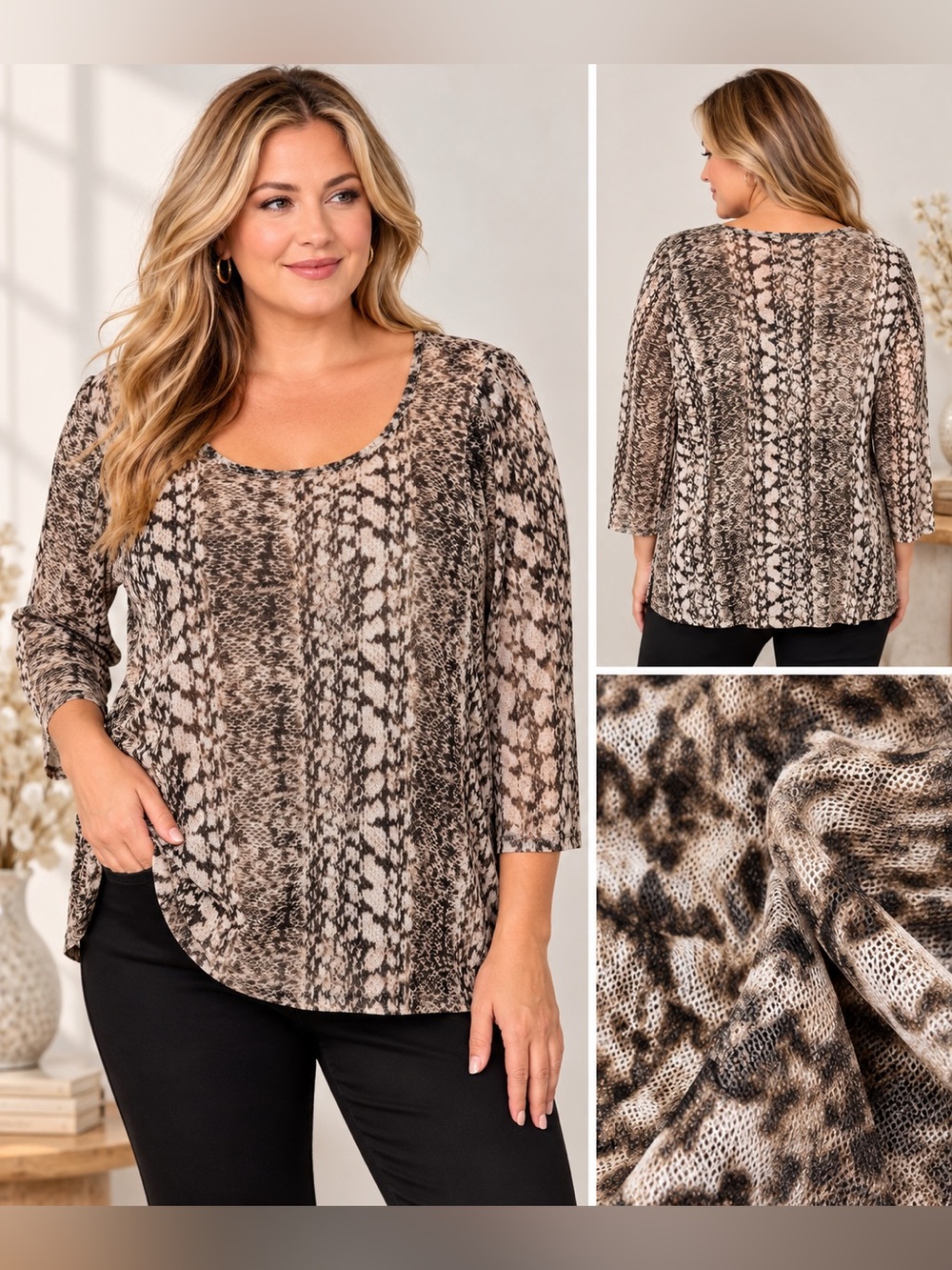 INC International Concepts 2X Snakeskin Animal Print Mesh Top 3/4 Sleeve Plus